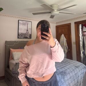 Pink off the shoulder garage sweatshirt